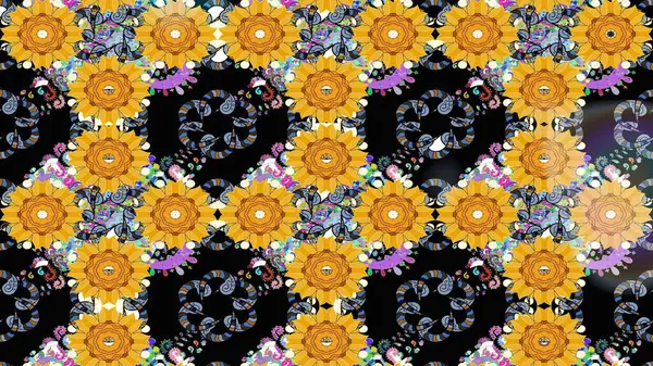 Sarı üstüne sarı. 1950-1960 motifleri. Retro tekstil tasarım koleksiyonu. El çizimi çiçek unsurları olan soyut çizim raster deseni. Çiçekli ipek eşarp..