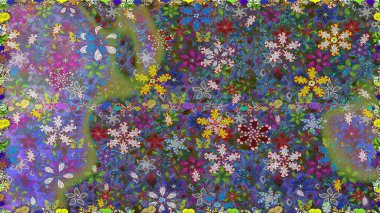 Raster illüstrasyonu. Yeşil ve mavi renkte çiçekler. Çiçek deseni. Yeşil ve mavi renklerde çiçeksiz. Şatafatlı bahar bahçesi dokusu.