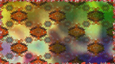 Raster illüstrasyonu. Renkli şal desenli, kahverengi ve yeşil çiçekli ve dekoratif elementli kusursuz desen. Kumaş, tekstil, duvar kağıdı baskısı için. Eski usul. Kusursuz arkaplan.