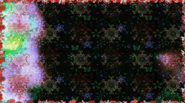 Pürüzsüz desen, parlak çiçekli halı, siyah ve gri renkler..