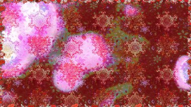 Kırmızı ve pembe renkte çiçekler. Düz Çiçek Elementleri Tasarımı. Asya tekstil tarzında. Renkli Bahar Temalı Kusursuz Arkaplan. Kusursuz çiçek deseni. Raster illüstrasyonu.