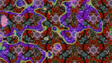 Eskiz arkaplan modeli. Yapraklı çiçekler ve kahverengi, kırmızı ve mavi renkte papatya çiçekleri. Raster - stok.