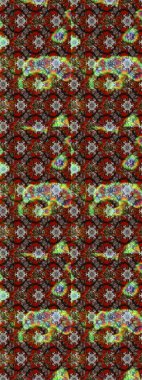 Desen, çizim, çiçek sınırı. Çiçek çelengi. Güzel, parlak, pürüzsüz kumaş, tuval. Raster illüstrasyonu. Kıvırcık, parlak örgü. Klasik eski arkaplan.