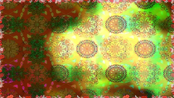 Raster illüstrasyonunda kusursuz çiçek deseni. Kahverengi ve yeşil renkte çiçekler.