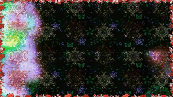 Pürüzsüz desen, parlak çiçekli halı, siyah ve gri renkler..