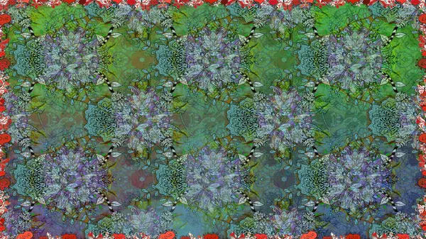 Raster illüstrasyonu. Çiçekli karalama şeklinde Raster çiçek deseni. Yeşil ve mavi renklerde bahar çiçekleri..