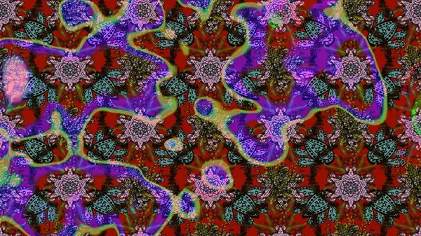 Eskiz arkaplan modeli. Yapraklı çiçekler ve kahverengi, kırmızı ve mavi renkte papatya çiçekleri. Raster - stok.