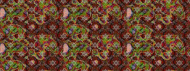 Moda baskıları için zarif bir şablon. Halk tarzı. Modern çiçek arkaplanı. Parlak renkli çiçekleri ve kahverengi, kırmızı ve yeşil renkli yaprakları olan harika bir çiçek deseni..