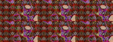 Kahverengi, kırmızı ve gri renklerde Asya tekstili. Raster illüstrasyonu. Çiçek desenini çiz.