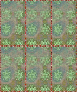 Tekstil, kumaş, kapaklar, duvar kağıtları, baskı, naylon, yapıştırma, örgü, dekupaj için çiçeksiz arkaplan. Oldukça eski bir besin torbası deseni küçük nötr yeşil, çiçekler. Millefleurlar