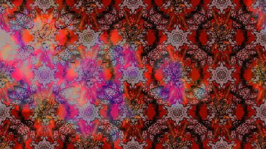 Kahverengi, kırmızı ve pembe renkte etnik çiçeklerle süslenmiş zarif bir eskiz deseni. Raster Çiçek İllüstrasyon Şirin Tekstil.