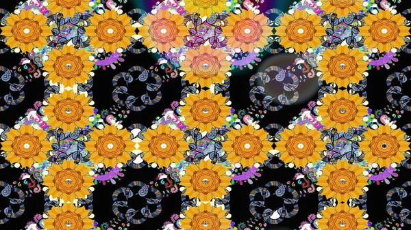 El çizimi. Raster illüstrasyonu. Çiçekli, yapraklı, çiçek desenli çizim..