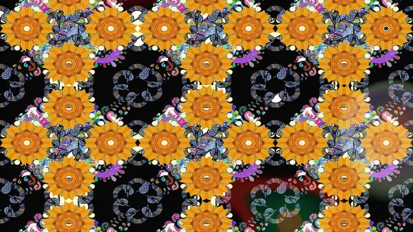 Düz Çiçek Elementleri Tasarımı. Renkli Yaz Temalı eskiz kalıbı. Raster Illustrasyon 'daki Çiçek Deseni' nin son moda çizimi. Siyah renkte çiçekler.