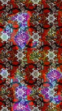 Raster illüstrasyonu. Kahverengi, kırmızı ve siyah renklerde bahar çiçekleri. Patlayan çiçekler soyut olarak yerleştirilmiş. Raster deseni.