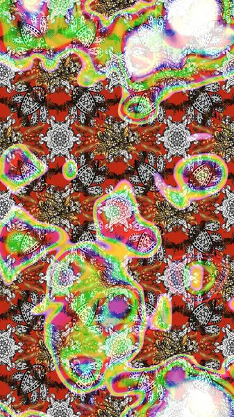 Çiçek desenli çizim. Tarafsız, gri ve kahverengi renklerde Asya tekstili. Raster illüstrasyonu.