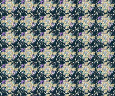 Tekstil tasarımı için mavi renkli geleneksel halk çiçekleri buketi. Üzerinde gelincikler ve vadi zambakları olan renkli çiçek desenli nakış..