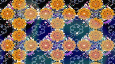 Raster - stok. Yapraklı çiçekler ve mavi renkli papatya çiçekleri. Taslak arkaplan deseni.