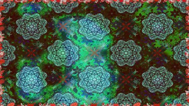 Raster illüstrasyonu. Şirin çiçekli kusursuz desen ve yeşil ve kahverengi renkli yapraklar, suluboya çiçek deseni, duvar kağıdı, kart veya kumaş için fayanslı.