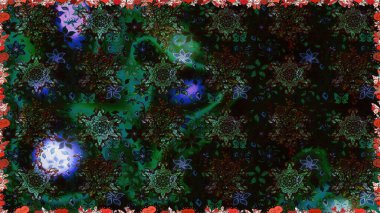 Raster - stok. Kusursuz bir arka plan modeli. Yapraklı çiçekler ve papatya çiçekli siyah ve gri renkler.