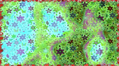 Elle boyanmış suluboya, dikişsiz çiçekler ve bitkiler. Yeşil ve mavi renkte çiçekler.