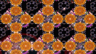 Miles Fleur, süslü püslü bir süs. Kumaş, tekstil, duvar kağıdı baskısı için. Tomurcukları papatya çiçekleri olan sevimli bir çiçek deseni. Eski usul. Raster illüstrasyonu. Taslak arkaplan.