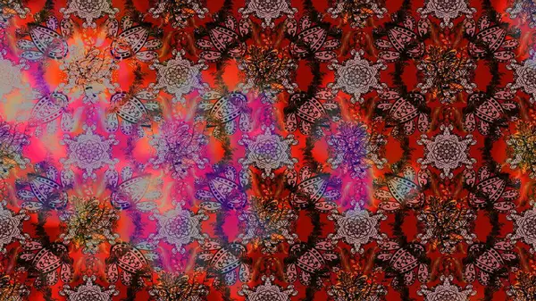 Kahverengi, kırmızı ve pembe renkte etnik çiçeklerle süslenmiş zarif bir eskiz deseni. Raster Çiçek İllüstrasyon Şirin Tekstil.