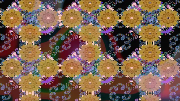 Renkli Bahar Teması eskiz kalıbı. Raster illüstrasyonu. Şirin çiçek elementleri. Taslak desenli, modaya uygun kumaş deseni. Düz Çiçek Elementleri Tasarımı.