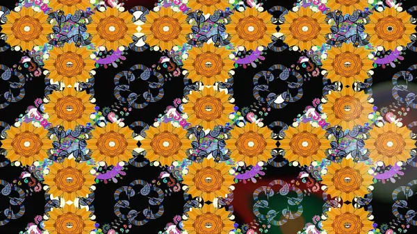 Düz Çiçek Elementleri Tasarımı. Renkli Yaz Temalı eskiz kalıbı. Raster Illustrasyon 'daki Çiçek Deseni' nin son moda çizimi. Siyah renkte çiçekler.