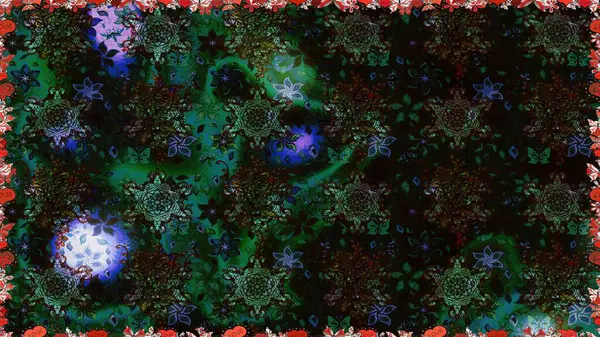 Raster - stok. Kusursuz bir arka plan modeli. Yapraklı çiçekler ve papatya çiçekli siyah ve gri renkler.