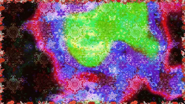 Düz Çiçek Elementleri Tasarımı. Raster illüstrasyonunda kusursuz çiçek deseni. Renkli Bahar Temalı Kusursuz Arkaplan. Yeşil ve mor renkte çiçekler.