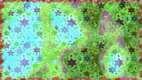 Elle boyanmış suluboya, dikişsiz çiçekler ve bitkiler. Yeşil ve mavi renkte çiçekler.