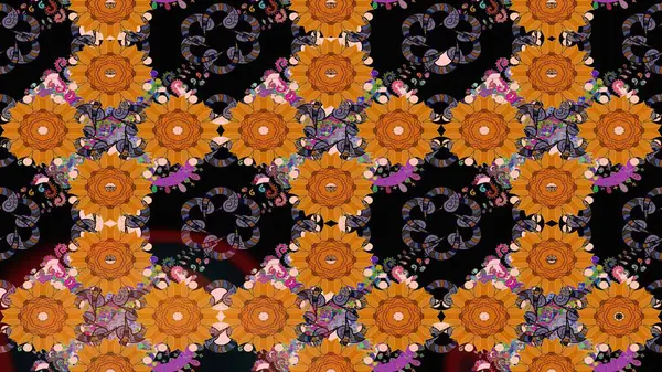 Miles Fleur, süslü püslü bir süs. Kumaş, tekstil, duvar kağıdı baskısı için. Tomurcukları papatya çiçekleri olan sevimli bir çiçek deseni. Eski usul. Raster illüstrasyonu. Taslak arkaplan.