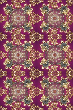 Altın antika ortaçağ dekoratifi, turuncu, kahverengi ve gri renklerde altın desenli süslemeleri olan dikişsiz bir şablon. Kusursuz kraliyet lüksü, altın barok kumaş rengi..