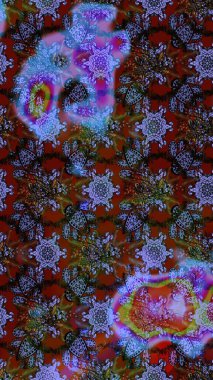 El çizimi çiçek çizimi deseni (fayans). Tekstil için suluboya eskiz deseni. Şirin çiçekleri, desenleri, kahverengi, mavi ve mor renkleri olan renkli çizim deseni.