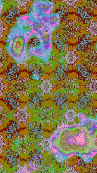 Şirin çiçekli, desenli, yeşil, kahverengi ve mavi renklerde renkli çizimler. El çizimi çiçek çizimi deseni (fayans). Tekstil için suluboya çizim deseni.