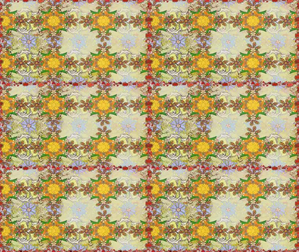 Raster illüstrasyonu. Tarafsız ve bej renklerde Asya tekstili. Kusursuz çiçek deseni.