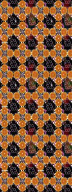 Çiçek desenli çizim. Raster illüstrasyonu. Turuncu renkli Asya tekstili.