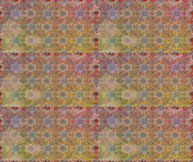 Renkli şal desenli, kahverengi ve bej çiçekli ve dekoratif elementli kusursuz desen. Eski usul. Kusursuz bir geçmişi var. Raster illüstrasyonu. Kumaş, tekstil ve duvar kağıdı baskısı için..