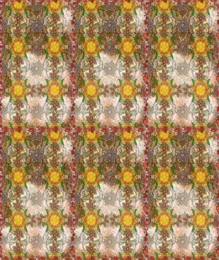 Halk tarzı. Moda baskıları için zarif bir şablon. Parlak renkli çiçekleri ve bej ve kahverengi renkte yaprakları olan harika bir çiçek deseni. Modern çiçek arkaplanı.