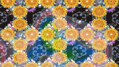 Elle boyanmış suluboya resim çizimleri, çiçekler ve bitkiler. Sarı renkte çiçekler.