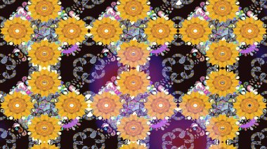 Hediye ambalaj kağıdı, tebrik kartları, posterler ve pankart tasarımı. Raster düz çiçek çizim deseni. Sarı renkte çiçekler.