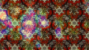 Soyut etnik raster çizim kalıbı. Arkaplan dokusu, duvar kağıdı, çiçek teması kahverengi, kırmızı ve gri renkler. Kabile sanatı boho baskısı, klasik çiçek arkaplanı.