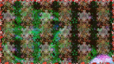 Raster illüstrasyonu. Asya tekstil tarzında. Kusursuz çiçek deseni. Raster illüstrasyonu. Gri ve yeşil renkte çiçekler.