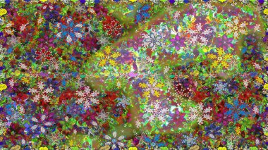 Tekstil, kumaş, ambalaj, hatıra defteri için hoş bir çiçek arkaplanı. Çocuksu tasarım. El çizimi çiçekli, pürüzsüz bir desen. Yeşil ve kahverengi arkaplanda.