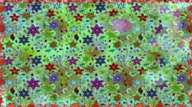 Yeşil ve nötr renklerde çiçekler. Düz Çiçek Elementleri Tasarımı. Sevimli çiçek raster deseni. Renkli Yaz Temalı Kusursuz Arkaplan.