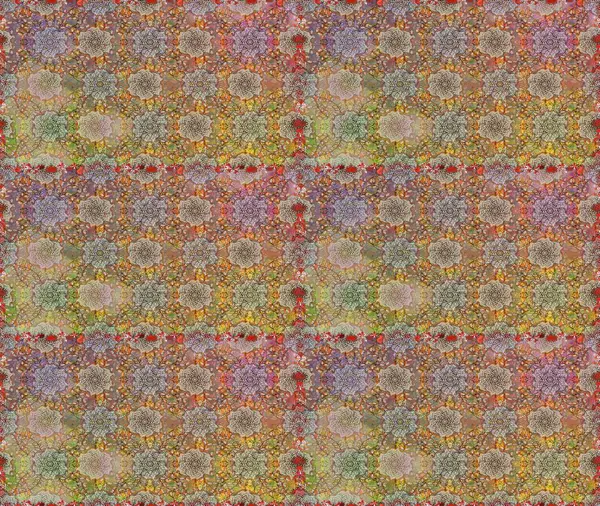 Renkli şal desenli, kahverengi ve bej çiçekli ve dekoratif elementli kusursuz desen. Eski usul. Kusursuz bir geçmişi var. Raster illüstrasyonu. Kumaş, tekstil ve duvar kağıdı baskısı için..