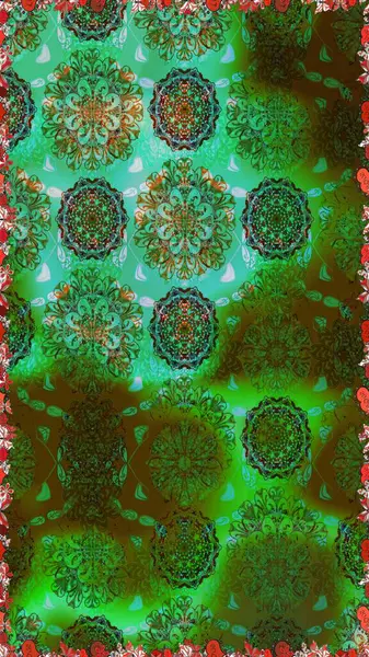 Yeşil ve kahverengi renklerde etnik çiçeklerle kusursuz bir desen. Asya Tekstil 'inde Raster Çiçek İllüstrasyonu.