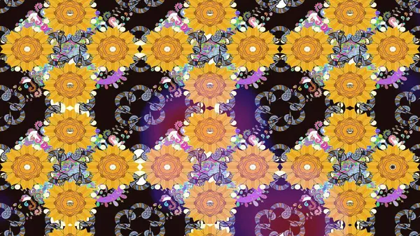 Hediye ambalaj kağıdı, tebrik kartları, posterler ve pankart tasarımı. Raster düz çiçek çizim deseni. Sarı renkte çiçekler.