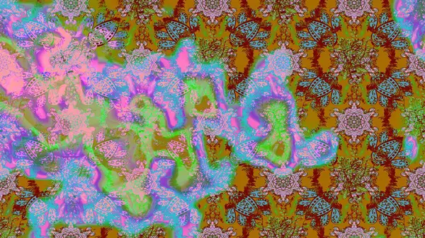 Raster illüstrasyonu. Yeşil, pembe ve kahverengi renklerde. Çiçek buketleriyle klasik tarzda eskiz deseni.