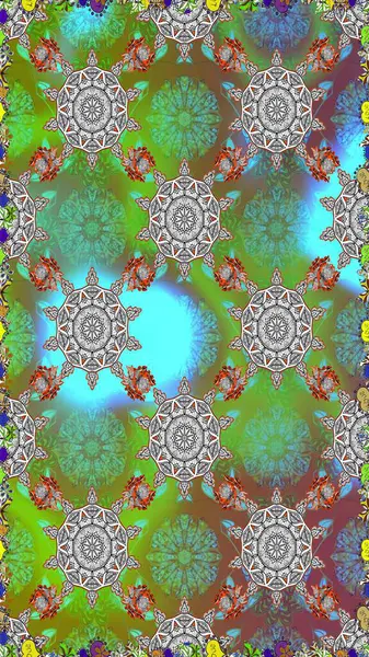 Raster illüstrasyonunda kusursuz çiçek deseni. Suluboya tarzında yeşil renkte çiçekler.